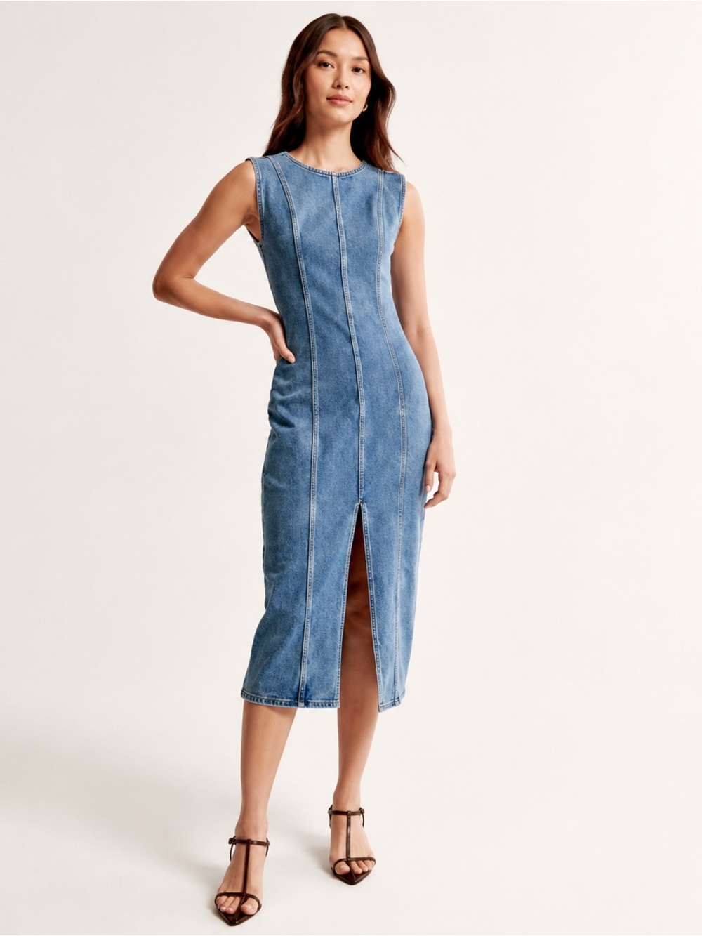 Abercrombie & Fitch Denim Midi Dress Sleeveless Front Slit Stretch Blue S